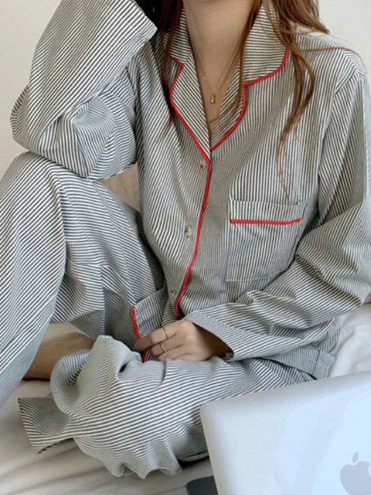 Dames 2-Delige Pyjama Set - Gestreept Knopen Shirt met Broek