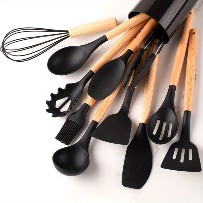 Keukengerei Set – Houten Handvatten – Siliconen Keukengerei – Voor Koken en Bakken