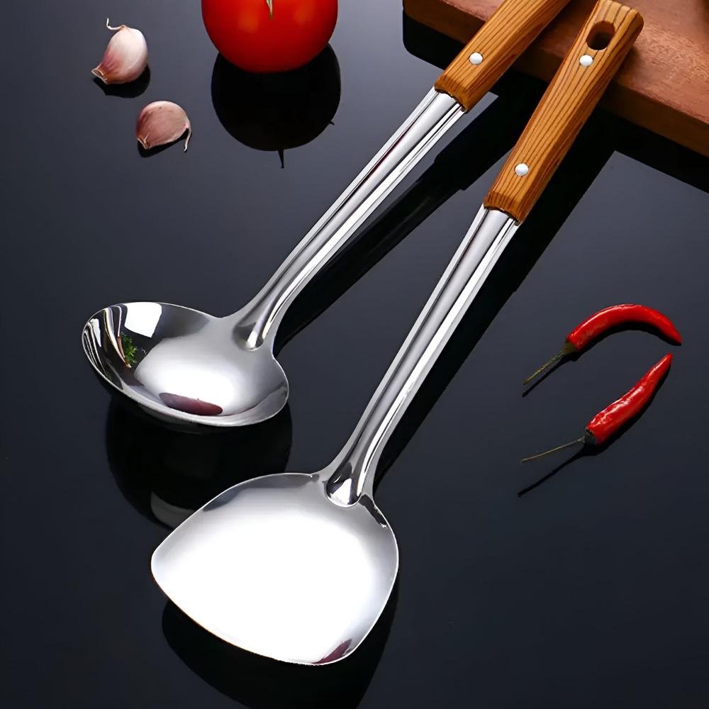 Keukengerei set – roestvrij staal – houten handgreep – voor dagelijks koken