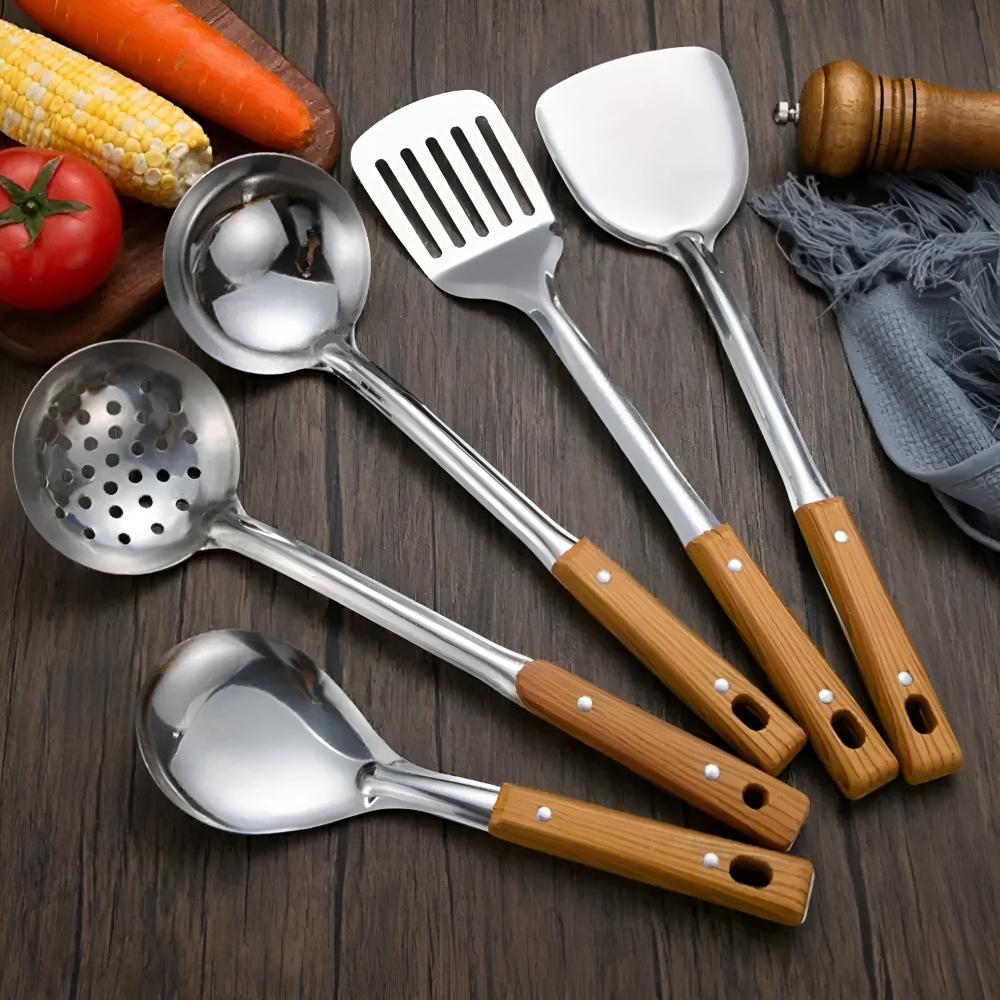 Keukengerei set – roestvrij staal – houten handgreep – voor dagelijks koken