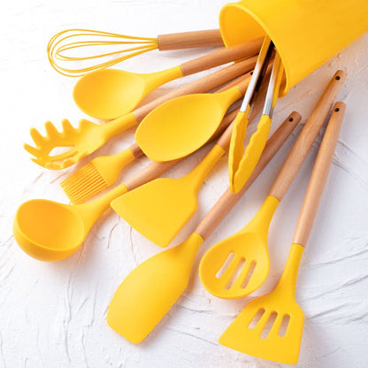 Keukengerei Set – Houten Handvatten – Siliconen Keukengerei – Voor Koken en Bakken