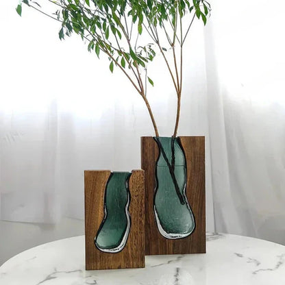 Houten vaas – handgesneden inlay – glazen binnenvaas – voor droogbloemen & takken