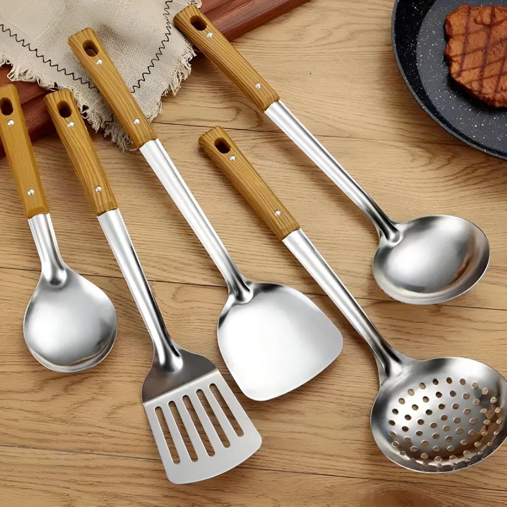 Keukengerei set – roestvrij staal – houten handgreep – voor dagelijks koken