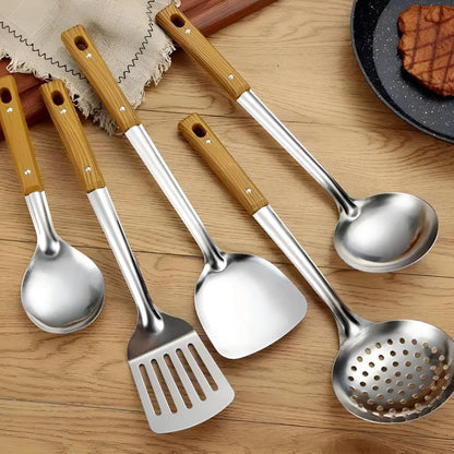 Keukengerei set – roestvrij staal – houten handgreep – voor dagelijks koken