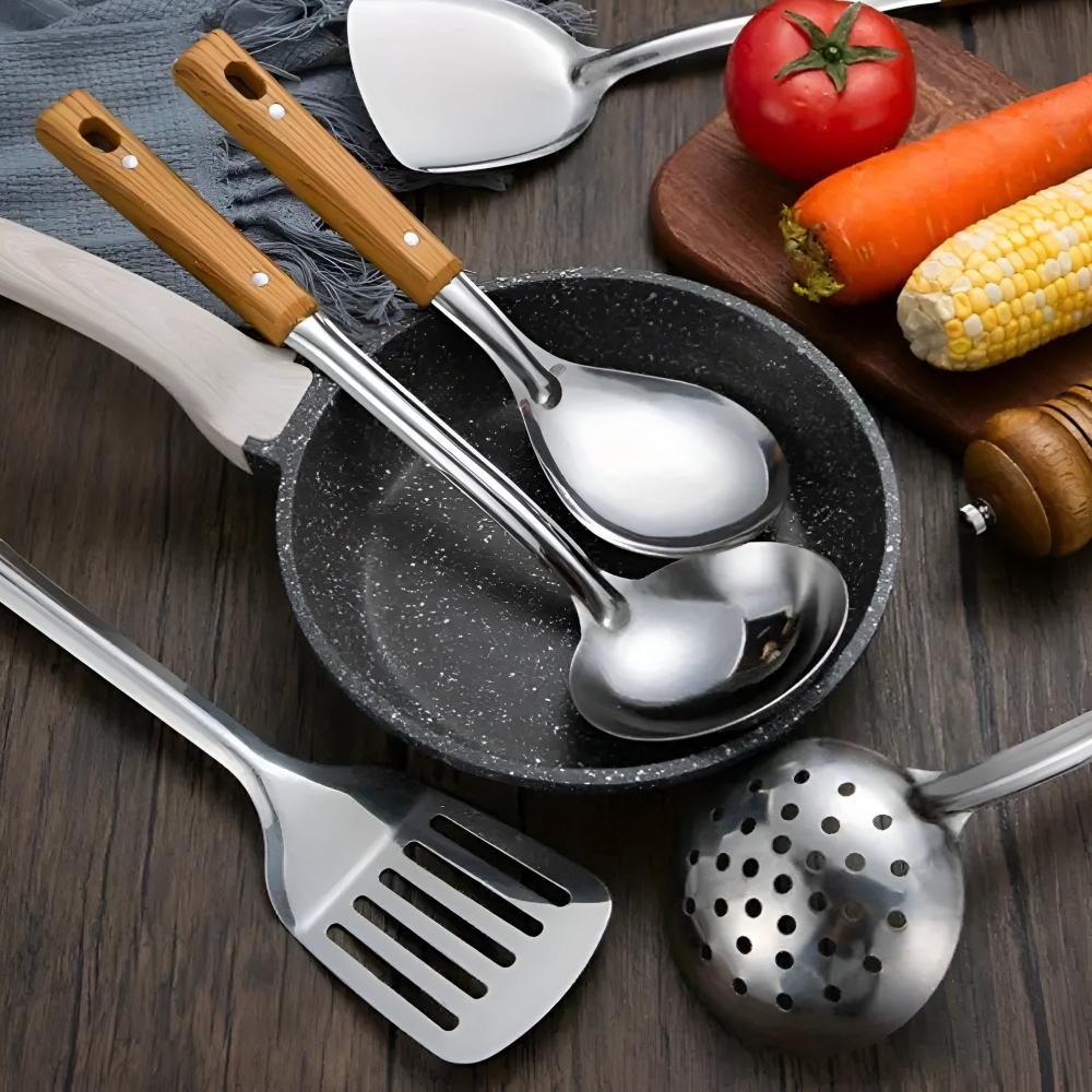 Keukengerei set – roestvrij staal – houten handgreep – voor dagelijks koken