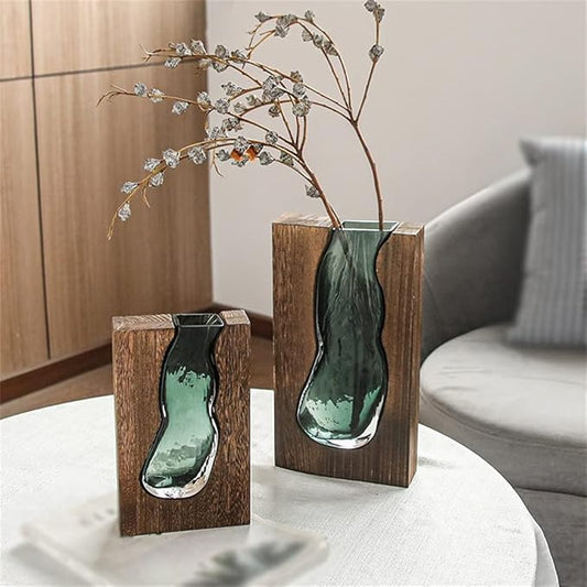 Houten vaas – handgesneden inlay – glazen binnenvaas – voor droogbloemen & takken