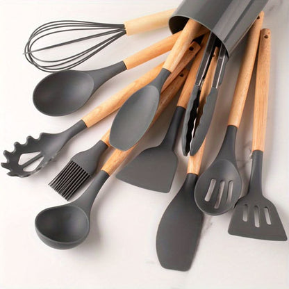 Keukengerei Set – Houten Handvatten – Siliconen Keukengerei – Voor Koken en Bakken