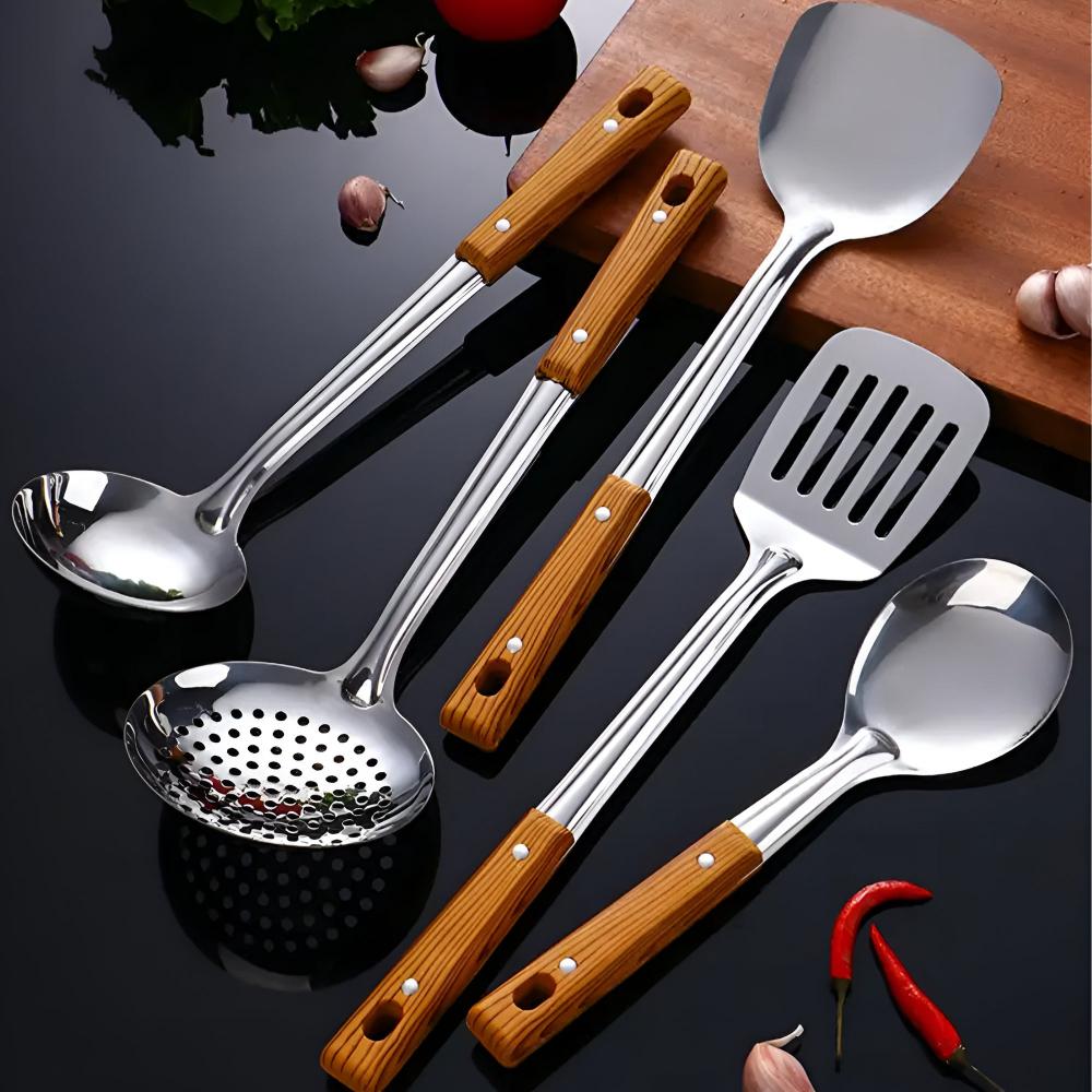 Keukengerei set – roestvrij staal – houten handgreep – voor dagelijks koken