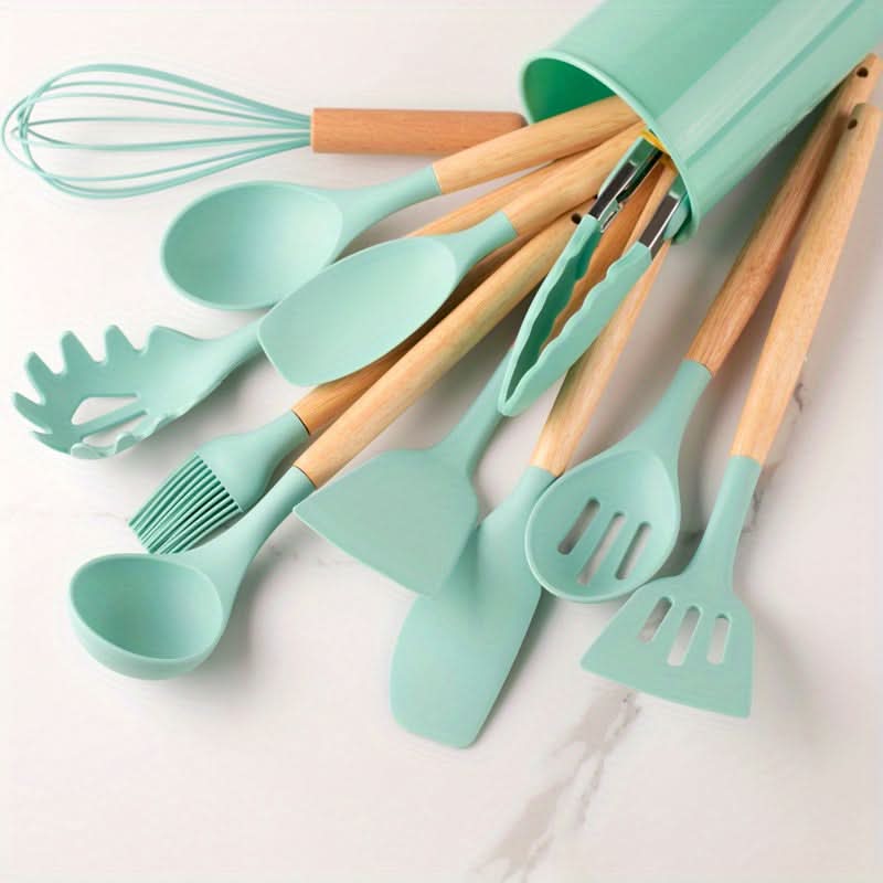 Keukengerei Set – Houten Handvatten – Siliconen Keukengerei – Voor Koken en Bakken
