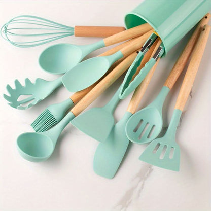 Keukengerei Set – Houten Handvatten – Siliconen Keukengerei – Voor Koken en Bakken