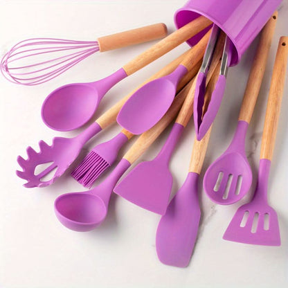 Keukengerei Set – Houten Handvatten – Siliconen Keukengerei – Voor Koken en Bakken