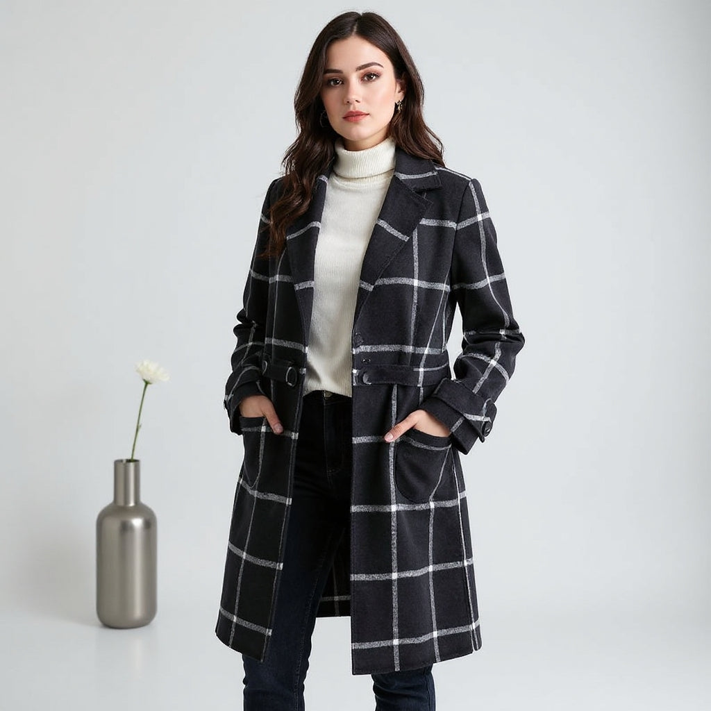 Wollen Mantel – Check Patroon – Met Knopen – Voor Dames