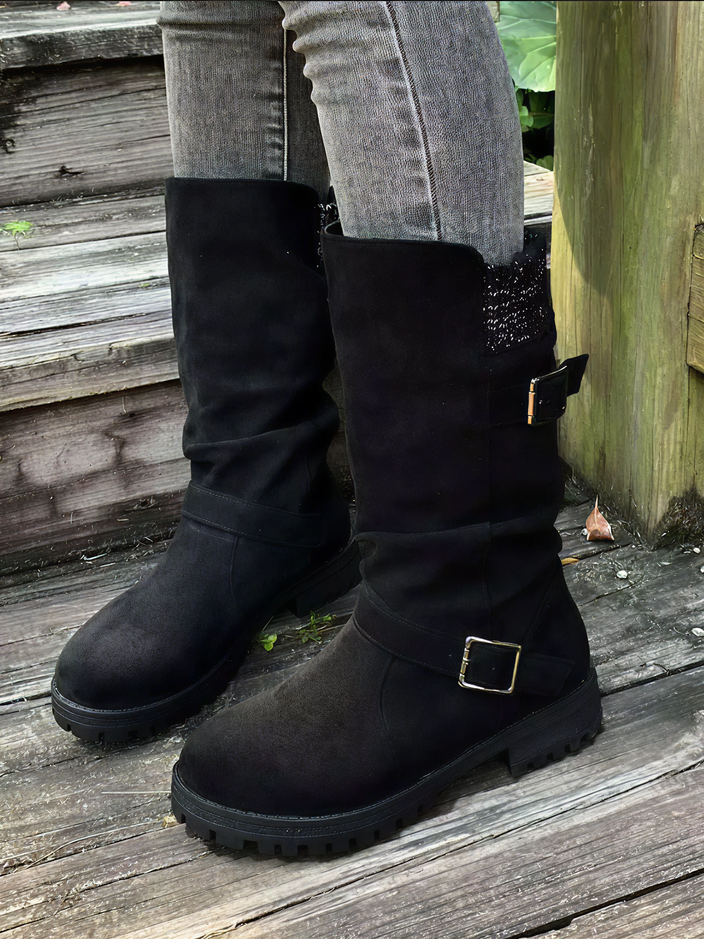 Dameslaarzen – Zwart Suède – Met Gesp – Winter Stijl