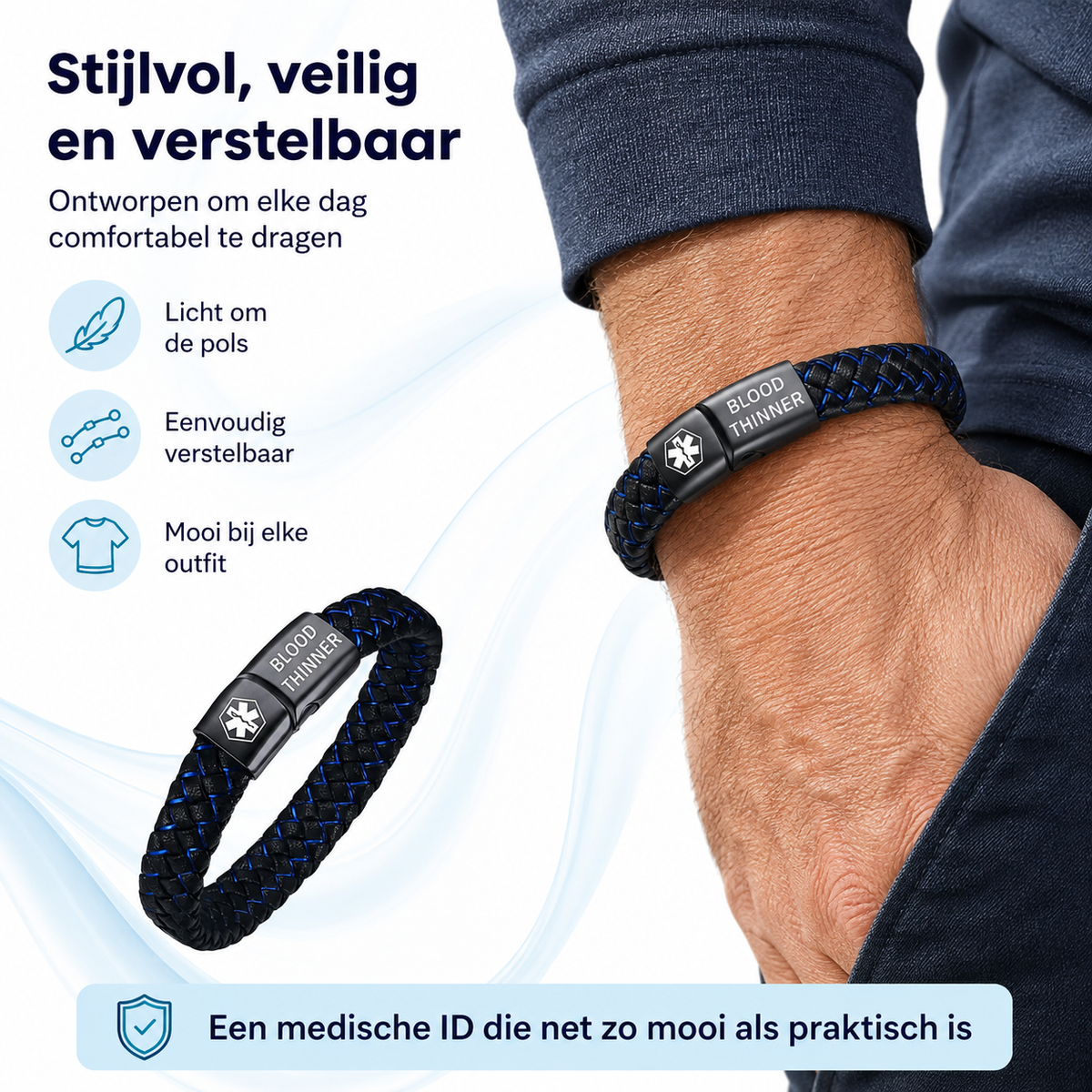Fittershape Medical Alert Bracelet – herenmodel met lederen band