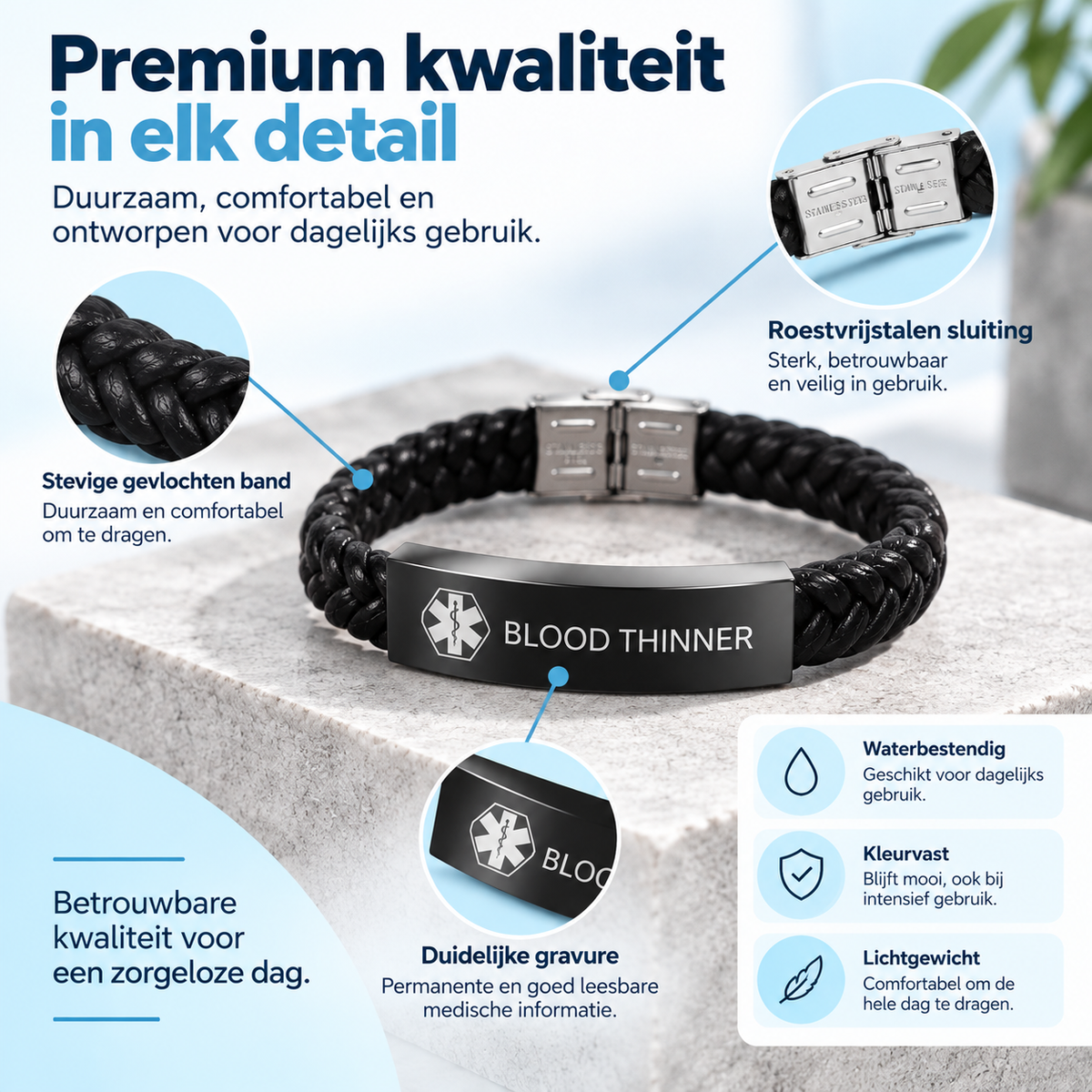 Fittershape Blood Thinner Medical Alert Bracelet – met graveur voor bloedverdunners