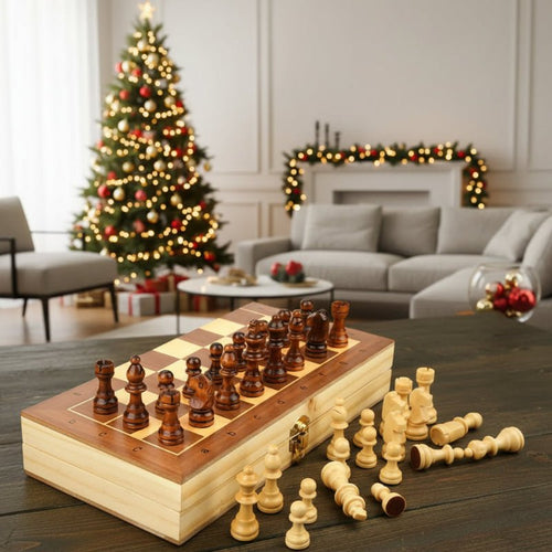 Houten Schaakset – Inklapbaar – Met Opbergdoos – Voor Schaken en Spelletjes
