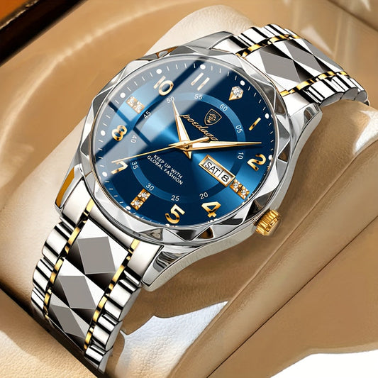 Herenhorloge – Blauwe Wijzerplaat – RVS Band – Met Dag- en Datumweergave
