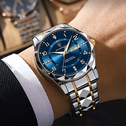 Herenhorloge – Blauwe Wijzerplaat – RVS Band – Met Dag- en Datumweergave