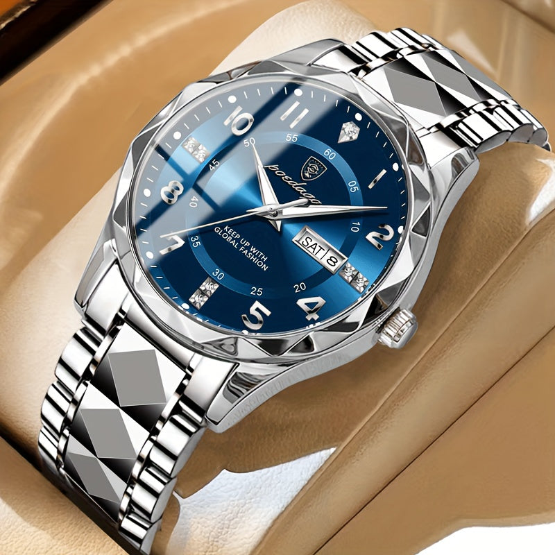 Herenhorloge – Blauwe Wijzerplaat – RVS Band – Met Dag- en Datumweergave