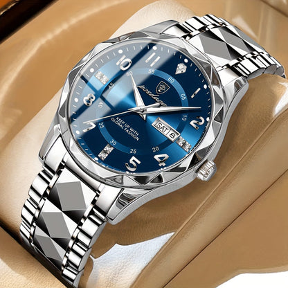 Herenhorloge – Blauwe Wijzerplaat – RVS Band – Met Dag- en Datumweergave