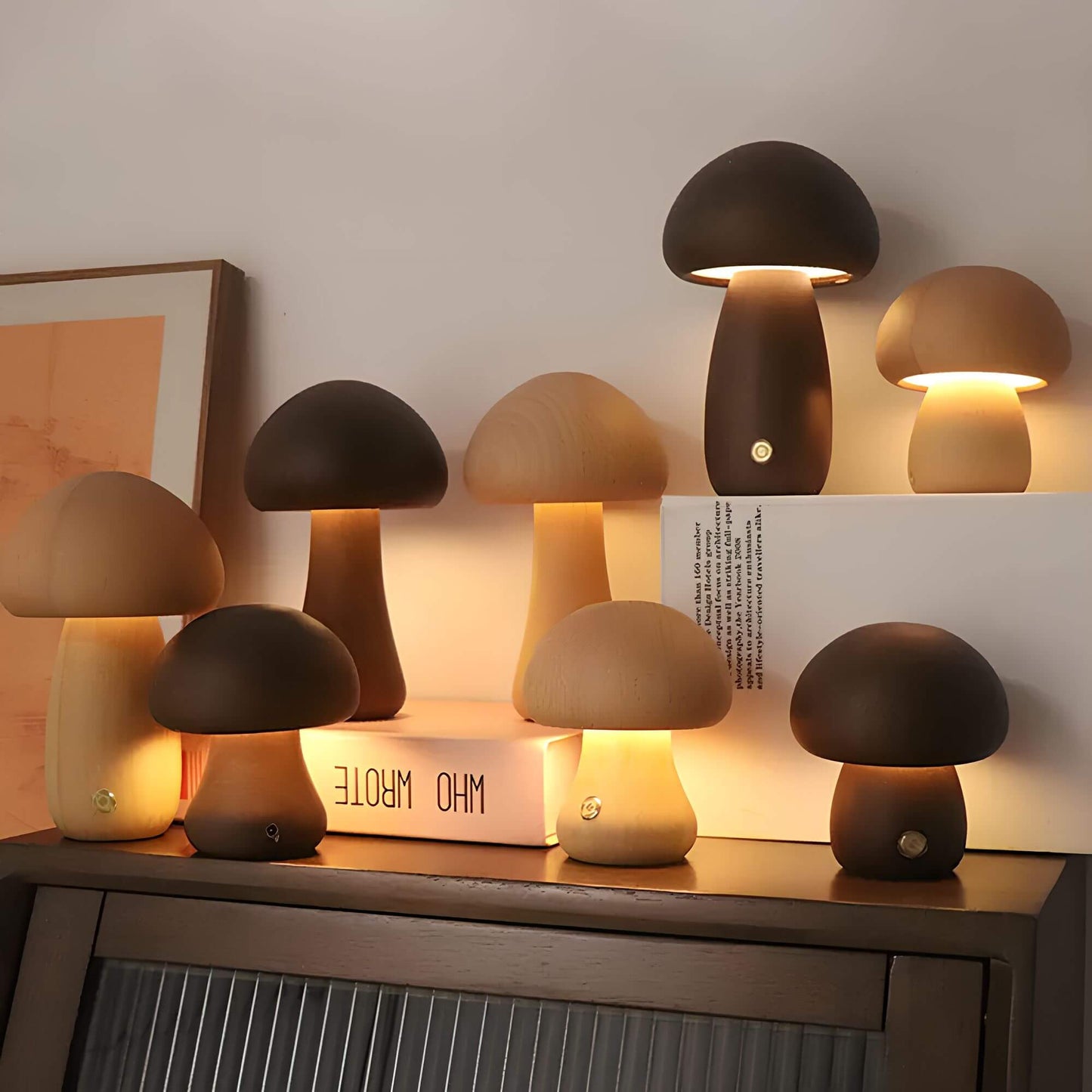 Tafellamp – Paddenstoelvorm – Houten voet – Sfeerverlichting
