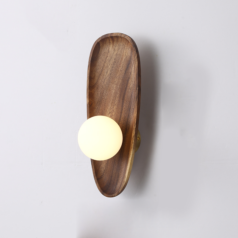 Wandlamp – Houten basis – Witte bol – Modern design voor woonkamer