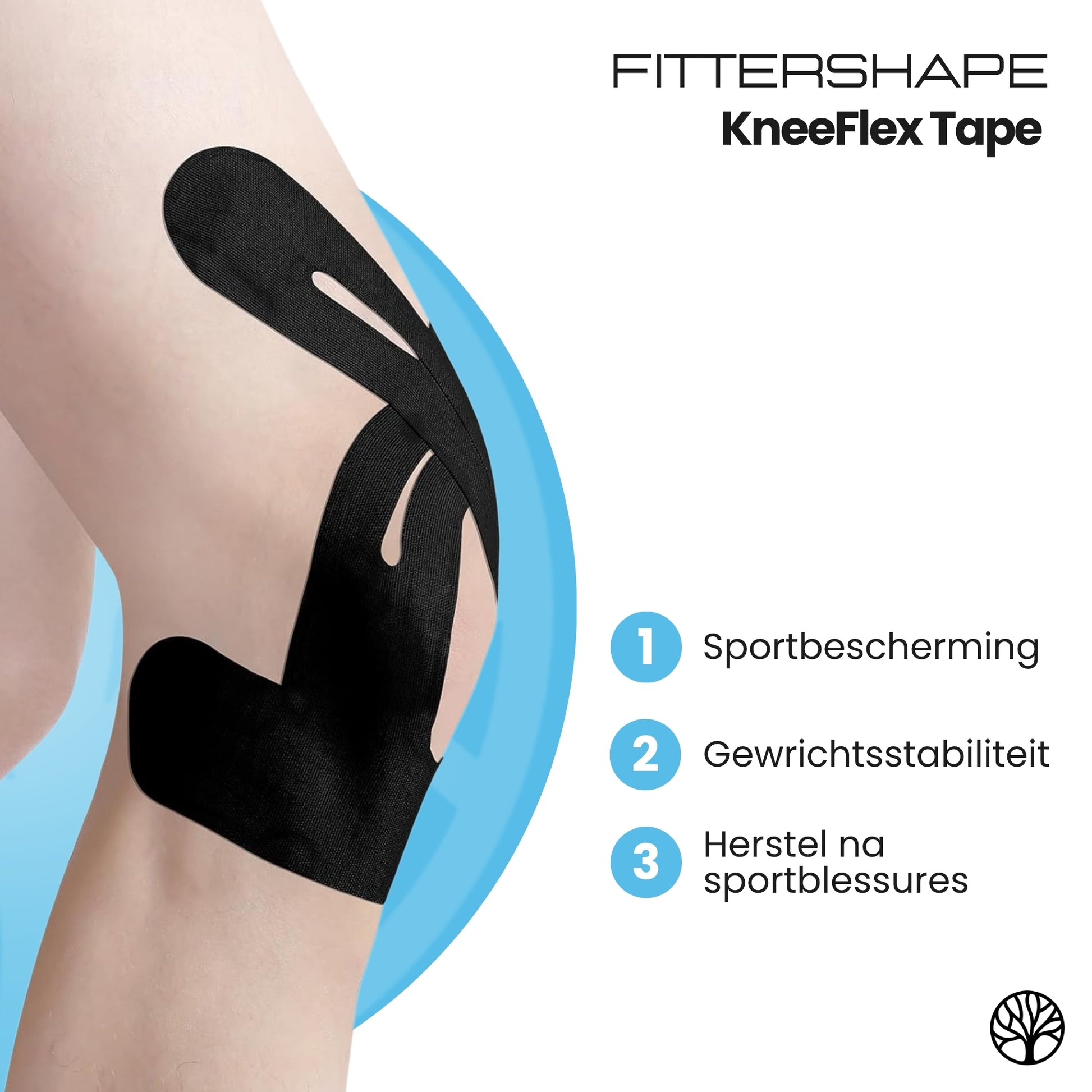 Close-up van de Fittershape KneeFlex Tape met voorgevormde pasvorm voor het kniegewricht