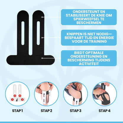 Fittershape KneeFlex Tape naast de productverpakking op lichtblauwe achtergrond