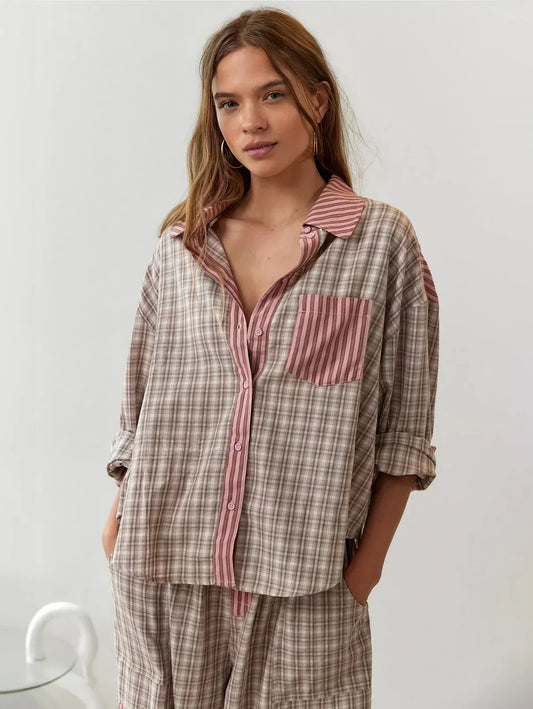 Dames 2-Delige Pyjama Set - Lange Mouwen Knopen Shirt met Broek