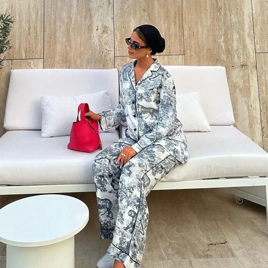 Bedrukte Satijnen Pyjama Set - Luxe en Comfort voor Dames