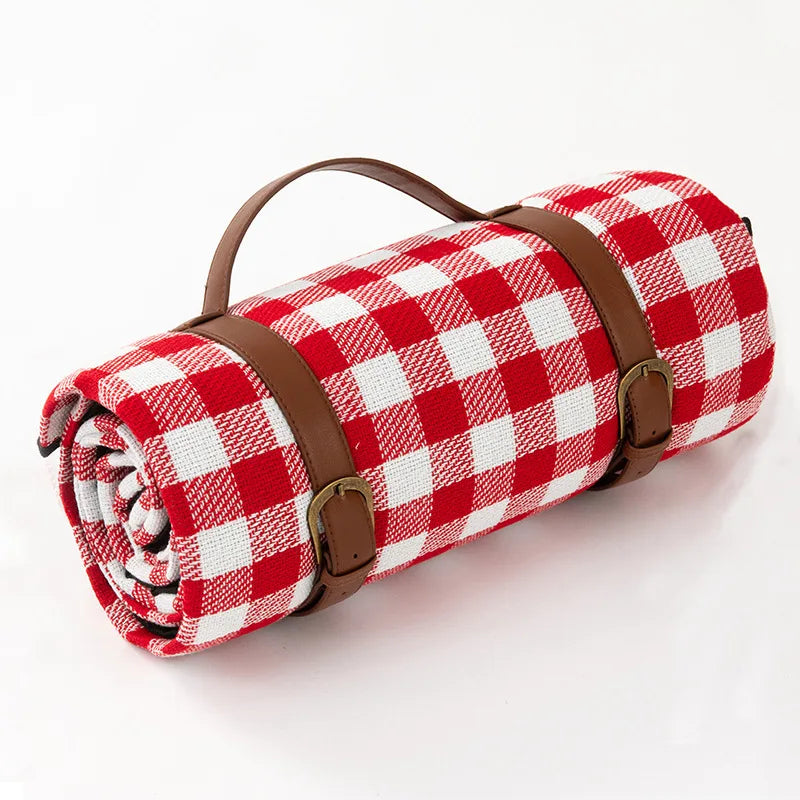 Picknickdeken – Geruit Design – Met Handvat en Lederen Riempjes