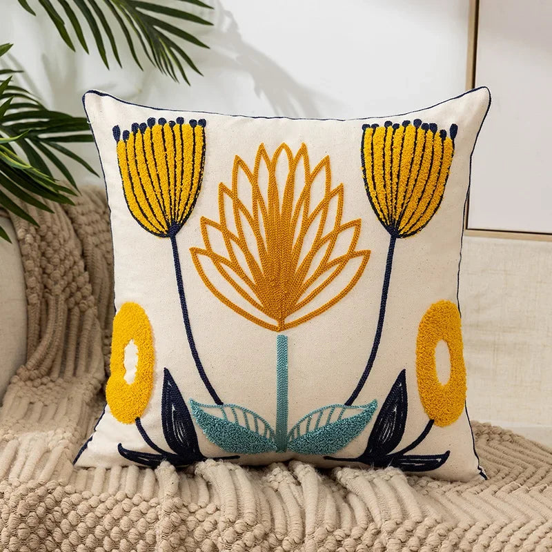 Bloemenkussenhoes – Geborduurd – Kleurige Patronen – Voor Bank en Stoel