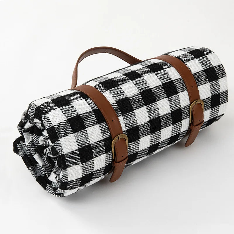 Picknickdeken – Geruit Design – Met Handvat en Lederen Riempjes