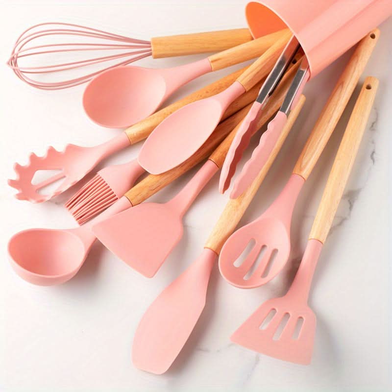 Keukengerei Set – Houten Handvatten – Siliconen Keukengerei – Voor Koken en Bakken