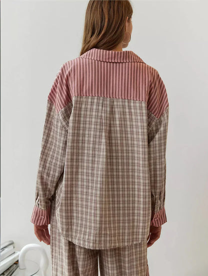 Dames 2-Delige Pyjama Set - Lange Mouwen Knopen Shirt met Broek